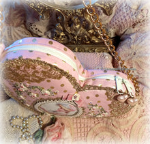 Load image into Gallery viewer, SOLD Exquisite Victorian Valentine Ribbonwork Roses Pink Heart Shaped Purse Handbag, Silk Ribbon Embroidery, Antique Gold Lace, Double Zippers
