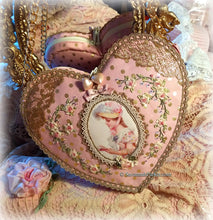 Load image into Gallery viewer, SOLD Exquisite Victorian Valentine Ribbonwork Roses Pink Heart Shaped Purse Handbag, Silk Ribbon Embroidery, Antique Gold Lace, Double Zippers
