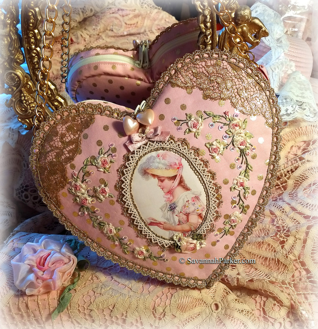 SOLD Exquisite Victorian Valentine Ribbonwork Roses Pink Heart Shaped Purse Handbag, Silk Ribbon Embroidery, Antique Gold Lace, Double Zippers