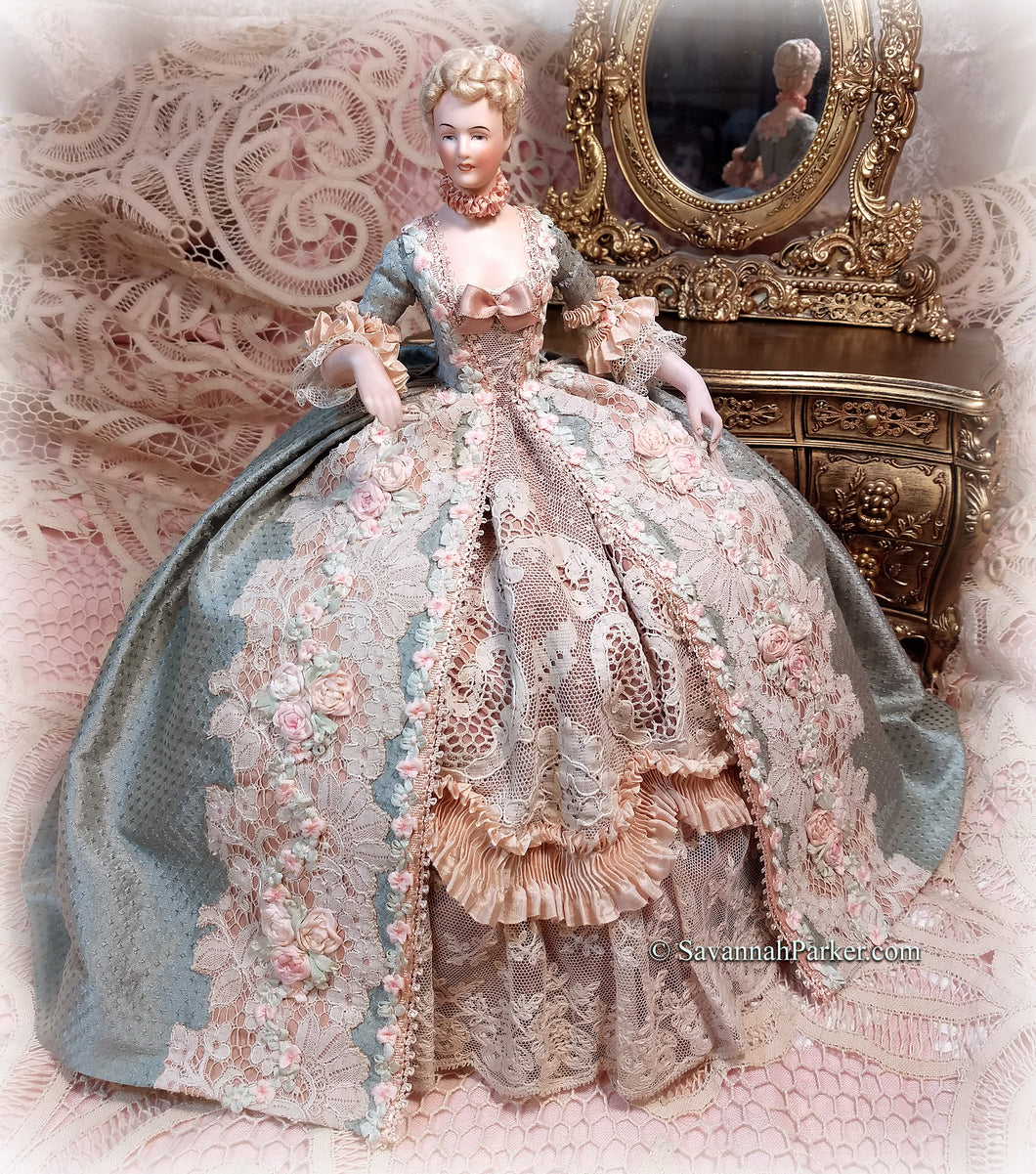 SOLD Magnificent Antique German Bisque BIG Half Doll, Exquisite Handsewn Lavish Aqua Silk and Antique Lace Costume, Silk Ribbonwork Rose Garlands