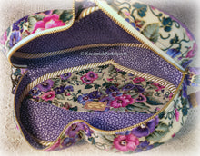 Load image into Gallery viewer, SOLD Exquisite Ribbonwork Pansies Pink and Purple Heart Shaped Purse Handbag, Handsewn Piping and Binding, Jeweled Detachable Strap, Jewel Charms
