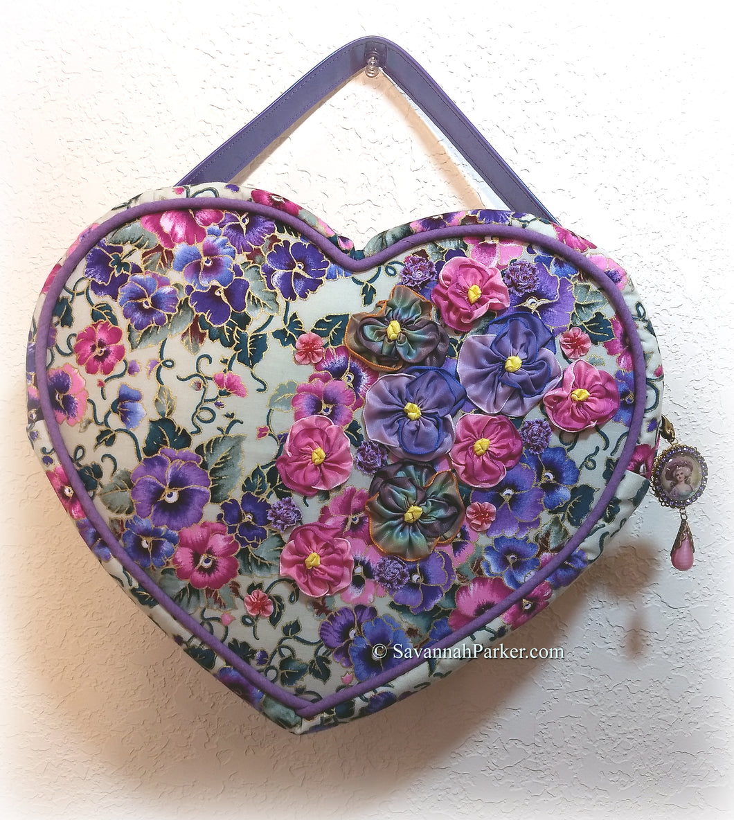SOLD Exquisite Ribbonwork Pansies Pink and Purple Heart Shaped Purse Handbag, Handsewn Piping and Binding, Jeweled Detachable Strap, Jewel Charms