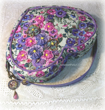 Load image into Gallery viewer, SOLD Exquisite Ribbonwork Pansies Pink and Purple Heart Shaped Purse Handbag, Handsewn Piping and Binding, Jeweled Detachable Strap, Jewel Charms
