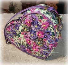Load image into Gallery viewer, SOLD Exquisite Ribbonwork Pansies Pink and Purple Heart Shaped Purse Handbag, Handsewn Piping and Binding, Jeweled Detachable Strap, Jewel Charms
