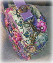 Load image into Gallery viewer, SOLD Exquisite Ribbonwork Pansies Pink and Purple Heart Shaped Purse Handbag, Handsewn Piping and Binding, Jeweled Detachable Strap, Jewel Charms
