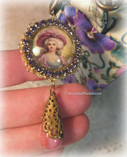 Load image into Gallery viewer, SOLD Exquisite Ribbonwork Pansies Pink and Purple Heart Shaped Purse Handbag, Handsewn Piping and Binding, Jeweled Detachable Strap, Jewel Charms
