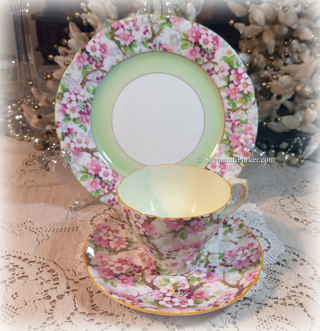 SOLD RARE Breathtaking 3 piece Vintage Shelley Maytime Bone China Tea Trio, Cup, Saucer, Luncheon Plate ~ Pink and Green - England - Shabby Chic