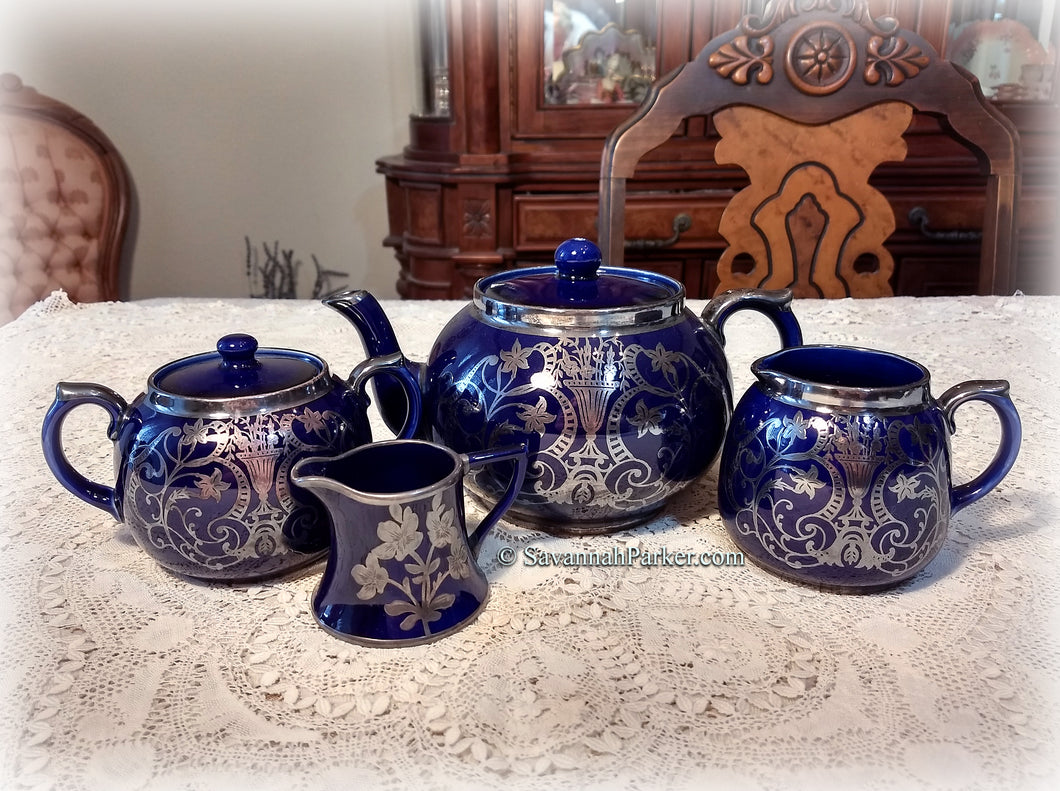 SOLD VERY RARE Gorgeous Antique English Intricate Sterling Silver Overlay Cobalt Blue Tea Set, Teapot, Covered Sugar, Creamer + Bonus Creamer