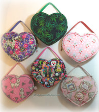 Load image into Gallery viewer, SOLD AMAZING Emerald Cannabis Green Black Retro Heart Shaped Purse Handbag, Handsewn Piping and Binding, Jeweled Detachable Strap, Jewel Charms

