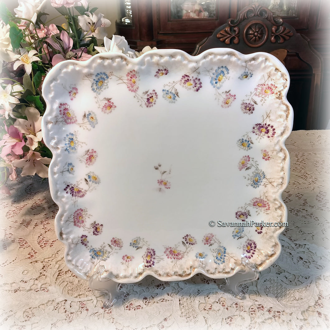 SOLD Antique LARGE Rare Vintage Limoges France Hand Painted Pink Blue Purple Flowers 10.5
