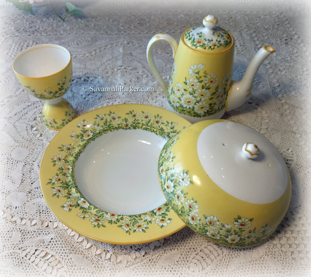 SOLD Rare Delightful Vintage Crown Staffordshire Bone China England Sunny Yellow Daisies Four Piece Breakfast Set, Hand Painted, Cottagecore Chic