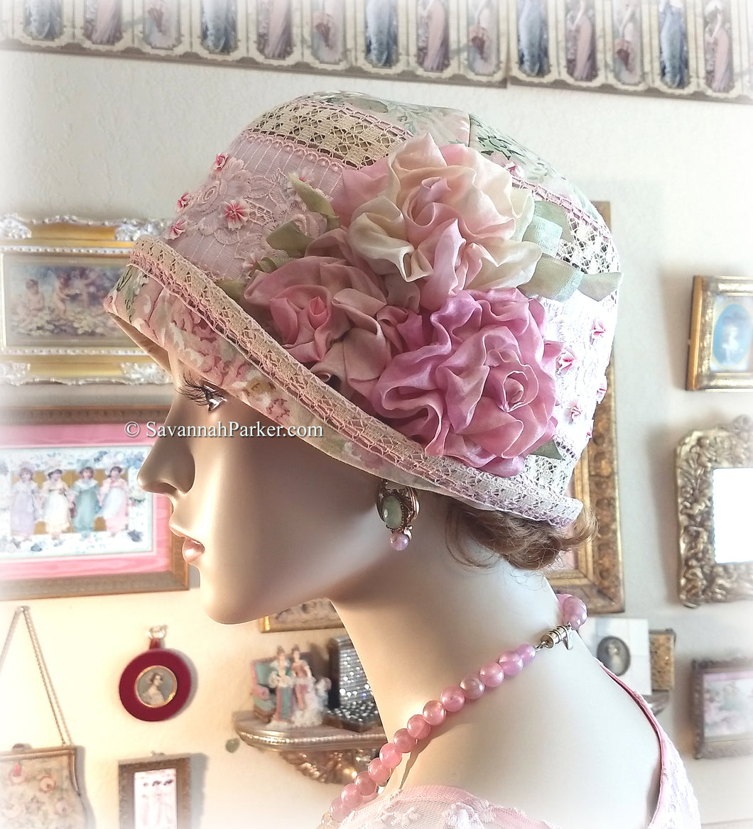 SOLD OUT Antique Style 20s Gatsby Flapper Hat Downton Abbey Pink Rose and Ecru Summer Cloche Hat - Ready to Ship - Antique Lace - Handmade Pink Silk Roses