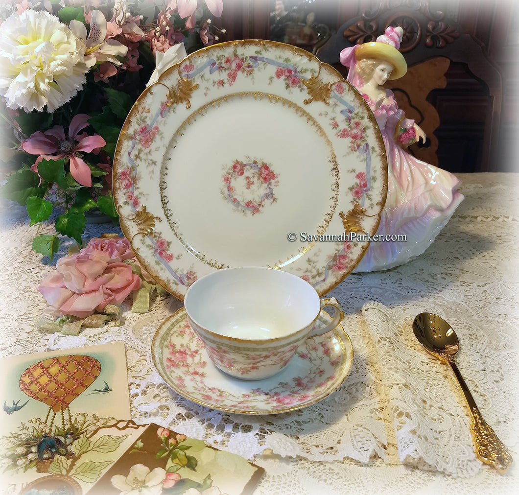 SOLD Lovely Antique Limoges France Garlands of Pink Roses China Tea Trio, Cup, Saucer, Luncheon Plate ~ Hand Applied Gold ~ Shabby Chic