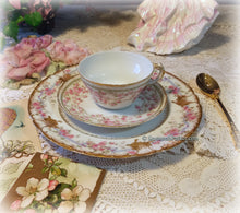 Load image into Gallery viewer, SOLD Lovely Antique Limoges France Garlands of Pink Roses China Tea Trio, Cup, Saucer, Luncheon Plate ~ Hand Applied Gold ~ Shabby Chic
