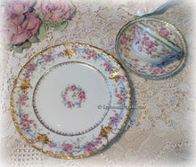 Load image into Gallery viewer, SOLD Lovely Antique Limoges France Garlands of Pink Roses China Tea Trio, Cup, Saucer, Luncheon Plate ~ Hand Applied Gold ~ Shabby Chic
