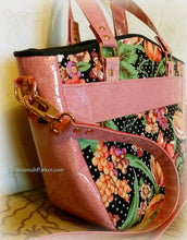 Load image into Gallery viewer, Coral Rose-Gold Glitter Vinyl Large Floral Handbag -Shoulder Bag -Tote Style -Vintage April Cornell Fabrics -Crossbody Strap -Double Handles
