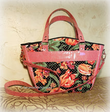 Load image into Gallery viewer, Coral Rose-Gold Glitter Vinyl Large Floral Handbag -Shoulder Bag -Tote Style -Vintage April Cornell Fabrics -Crossbody Strap -Double Handles
