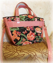 Load image into Gallery viewer, Coral Rose-Gold Glitter Vinyl Large Floral Handbag -Shoulder Bag -Tote Style -Vintage April Cornell Fabrics -Crossbody Strap -Double Handles
