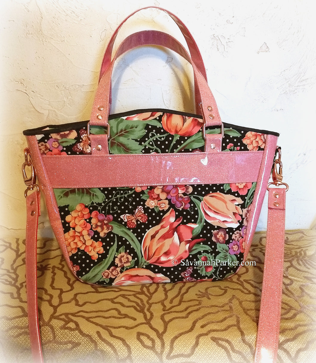 Coral Rose-Gold Glitter Vinyl Large Floral Handbag -Shoulder Bag -Tote Style -Vintage April Cornell Fabrics -Crossbody Strap -Double Handles