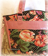 Load image into Gallery viewer, Coral Rose-Gold Glitter Vinyl Large Floral Handbag -Shoulder Bag -Tote Style -Vintage April Cornell Fabrics -Crossbody Strap -Double Handles
