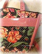 Load image into Gallery viewer, Coral Rose-Gold Glitter Vinyl Large Floral Handbag -Shoulder Bag -Tote Style -Vintage April Cornell Fabrics -Crossbody Strap -Double Handles
