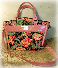 Load image into Gallery viewer, Coral Rose-Gold Glitter Vinyl Large Floral Handbag -Shoulder Bag -Tote Style -Vintage April Cornell Fabrics -Crossbody Strap -Double Handles
