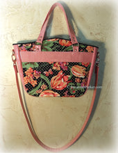 Load image into Gallery viewer, Coral Rose-Gold Glitter Vinyl Large Floral Handbag -Shoulder Bag -Tote Style -Vintage April Cornell Fabrics -Crossbody Strap -Double Handles
