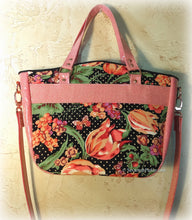 Load image into Gallery viewer, Coral Rose-Gold Glitter Vinyl Large Floral Handbag -Shoulder Bag -Tote Style -Vintage April Cornell Fabrics -Crossbody Strap -Double Handles
