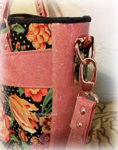 Load image into Gallery viewer, Coral Rose-Gold Glitter Vinyl Large Floral Handbag -Shoulder Bag -Tote Style -Vintage April Cornell Fabrics -Crossbody Strap -Double Handles
