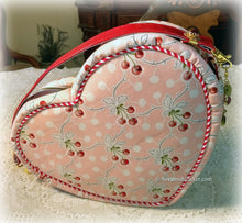 Load image into Gallery viewer, Charming Vintage Cherries Red and Pink Retro Heart Shaped Purse Handbag, Handsewn Piping and Binding, Jeweled Detachable Strap, Jewel Charms
