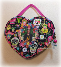 Load image into Gallery viewer, Amazing Viva La Mexico/Dia de Los Muertos Frida Heart Shaped Purse Handbag, Handsewn Piping and Binding, Jeweled Detachable Strap, Jewel Charms
