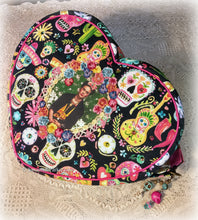 Load image into Gallery viewer, Amazing Viva La Mexico/Dia de Los Muertos Frida Heart Shaped Purse Handbag, Handsewn Piping and Binding, Jeweled Detachable Strap, Jewel Charms
