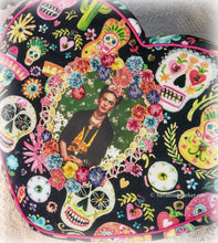 Load image into Gallery viewer, Amazing Viva La Mexico/Dia de Los Muertos Frida Heart Shaped Purse Handbag, Handsewn Piping and Binding, Jeweled Detachable Strap, Jewel Charms
