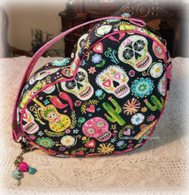 Load image into Gallery viewer, Amazing Viva La Mexico/Dia de Los Muertos Frida Heart Shaped Purse Handbag, Handsewn Piping and Binding, Jeweled Detachable Strap, Jewel Charms
