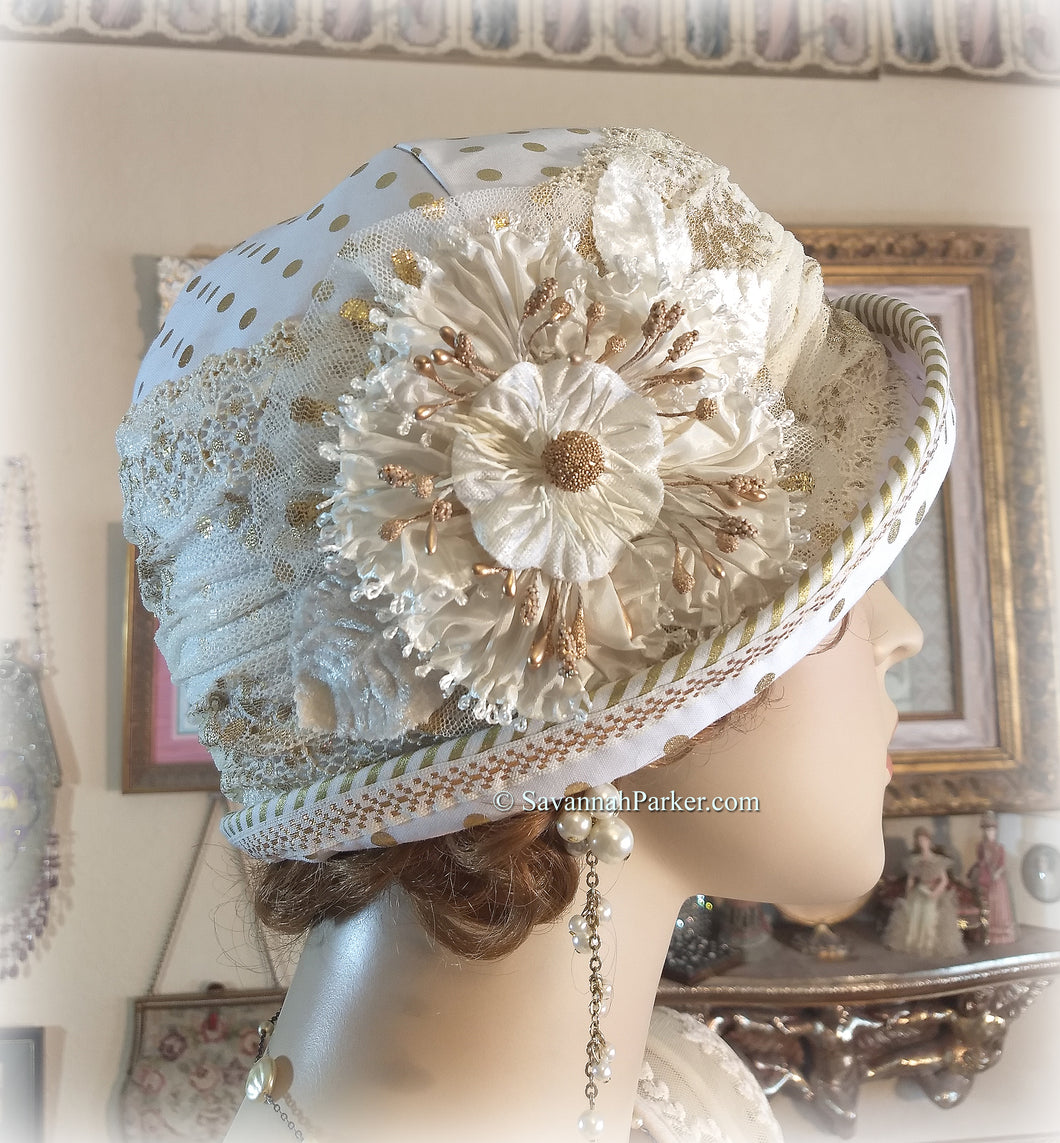 SOLD Antique Style 20s White and Metallic Gold Gatsby Flapper Hat Downton Abbey Cloche Hat - Ready to Ship - Handmade Ribbonwork - Vintage Lace