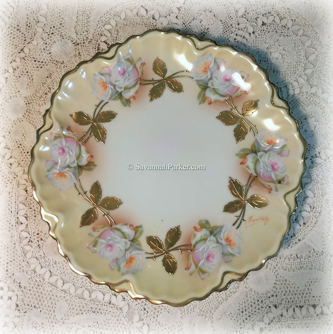 SOLD Antique Artist Signed Rare Exquisite Hand Painted Plate, M Z Austria Royal Innsbruck, Heavy Gold Applied Gilding, Yellow with Ivory Roses