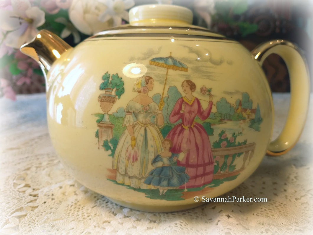 SOLD Charming Vintage Lemon Yellow Crinoline Ladies Teapot, W S George, Colorful Victorian Fashion Lady Scene on Both Sides, Shabby Chic Decor