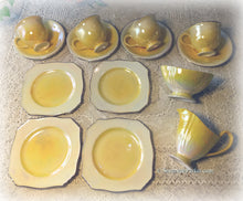 Load image into Gallery viewer, RARE Vintage Royal Winton Grimwades Iridescent Lemon Yellow Lustreware English Tea Set, Four Tea Trios plus Creamer and Sugar
