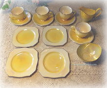 Load image into Gallery viewer, RARE Vintage Royal Winton Grimwades Iridescent Lemon Yellow Lustreware English Tea Set, Four Tea Trios plus Creamer and Sugar
