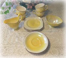 Load image into Gallery viewer, RARE Vintage Royal Winton Grimwades Iridescent Lemon Yellow Lustreware English Tea Set, Four Tea Trios plus Creamer and Sugar
