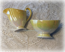 Load image into Gallery viewer, RARE Vintage Royal Winton Grimwades Iridescent Lemon Yellow Lustreware English Tea Set, Four Tea Trios plus Creamer and Sugar
